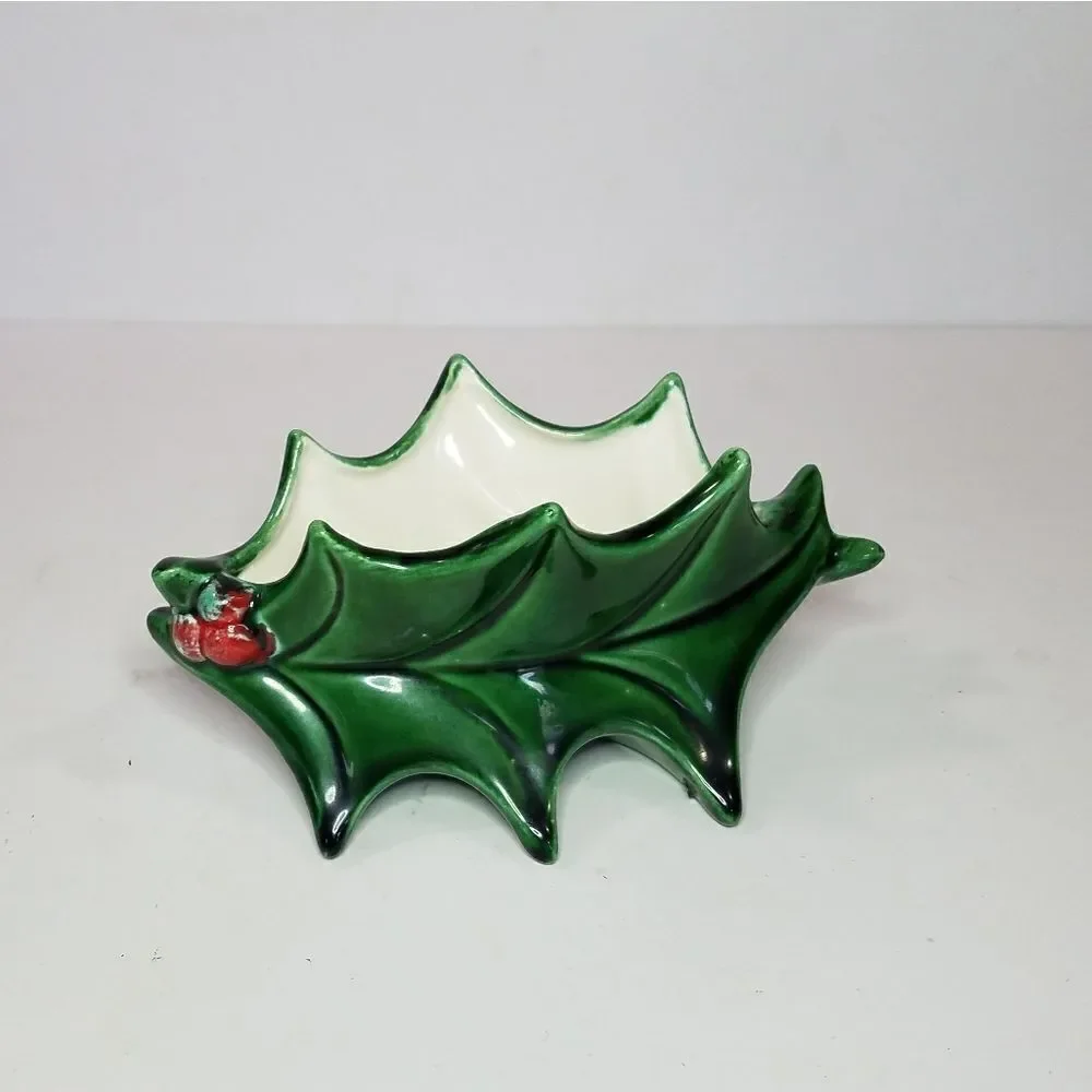 1980s Vintage Atlantic Mold Ceramic Christmas Holly Berry Small Bowl Dish